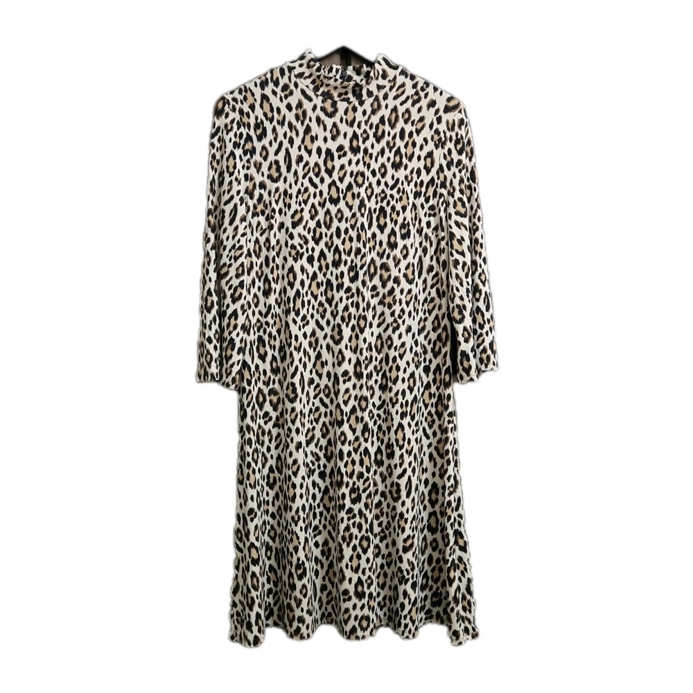 Chicos Leopard Womens Size 1 A Line Dress Stretch Bell Mock Animal Print Retro